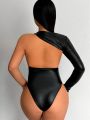 SHEIN SXY Women’S One Shoulder Pu Leather Bodysuit
