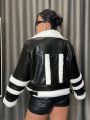SHEIN ICON Plus Size Fitted Jacket With Furry Collar And Belt Decoration