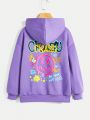 SHEIN Kids Cooltwn Teenage Girls' Casual Sports Knitted Hooded Sweatshirt With Cartoon And Text Print