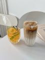 1pc Clear Glass Coffee Cup, American Latte Vertical Stripe Design Cold Drink Cup