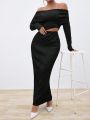 SHEIN Privé Women'S Black Off Sleeve Crop Top And Tight Fitting Skirt Two Piece Set