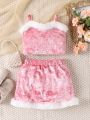 Young Girl Velvet Pink Camisole Top & Skirt With Set, Fashionable And Casual Outfit For Fall/winter
