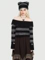 Fairycore Ladies' Striped One-shoulder Distressed Detail Sweater