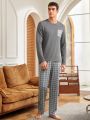 Mens' Patchwork Pocket Design Shirt & Plaid Long Pants Homewear Set