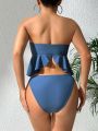 SHEIN Swim Y2GLAM Knotted Front Ruffle Trim Bandeau Bikini Set