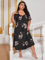 Plus Floral Print Contrast Lace Nightdress