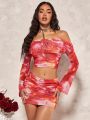 SHEIN BAE Romantic Valentine'S Date Day Women'S Two Piece Set Featuring One Shoulder Mesh Top With Ruffle Flower Print & Bell Sleeves