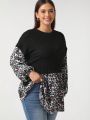 Pamile Plus Size Leopard Print Splicing Round Neck Casual Top For Women