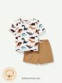 Cozy Cub Infant Boys' Cartoon Dinosaur Pattern Short Sleeve T-Shirt With Bowknot Decor And Casual Shorts Set