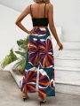 Women'S Hollow Out Cami Top And Botanical Print Pants Two Piece Set