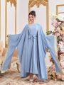 SHEIN Teen Girl Solid Color One-Shoulder Waist Long Dress With Exaggerated Sleeves And Spliced Webbing Jacket Two-Piece Set
