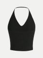 SHEIN Teenage Girls' Knitted Solid Color Ribbed Halter Top 3pcs Set