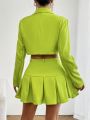 Solid Color Short Suit And Pleated Skirt Two-Piece Set