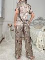 Silk-Like Flower Print Notched Collar Pajama Set