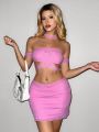 SHEIN ICON Butterfly Decor Shoulder-Baring Top & Skirt & Choker Set In Pink
