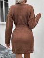 Cable Knit Drop Shoulder Belted Sweater Dress