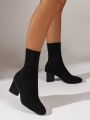 Women's Knit Boots, Christmas 2023 New Mid-calf High-heel Black Fashionable Boots, Women's Autumn Winter Unique Heel Ankle Boots To Look Taller And Slimmer, Women's Short Boots, Black Friday Activity Boots For Women's Holiday Season Style
