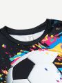 SHEIN Tween Boys' Leisure Football Print Round Neck Sweatshirt And Tight Knit Pants Homewear Set