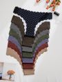 Women's 7pcs/Set Solid Color Triangle Panties With Scalloped Edge