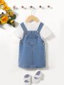 SHEIN Baby Girls' Comfortable And Fashionable Denim Dress, Water Washed