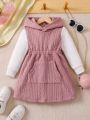 SHEIN Kids FANZEY Girls' Small Dress With Textured Pink Fabric And White Sleeves And Hooded Long-sleeved Dress, Fashionable And Versatile For Spring, Autumn And Winter.
