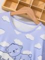 Teen Girls' Cute Cloud & Bear Printed Short Sleeve Top And Shorts Set, Homewear