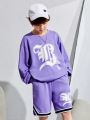 SHEIN Kids HYPEME Tween Boy'S Casual Street Style Letter Printed Round Neck Pullover Sweatshirt And Shorts Set