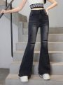 Teen Girls' New Casual Fashionable Slim Fit Water Washed Denim Flared Jeans