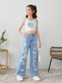 SHEIN Tween Girls' Y2K Spring Summer Boho Trendy Butterfly Print Distressed Denim Jeans Pant With Slanted Pockets,Summer Girls Clothes Outfits