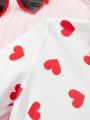 SHEIN Kids Y2Kool Teen Girls' Sporty Sweetheart Pattern Knitted White Base V-Neck Long Sleeve Dress