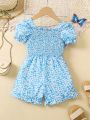 SHEIN Kids SUNSHNE Young Girl Floral Print Puff Sleeve Shirred Front Romper