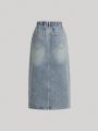 SHEIN Y2K Vintage Stepped Waist Slit Hem Denim Skirt, Streetwear For All Season,Kid's Denim Jeans & Clothing