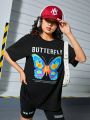 Teen Girls' Butterfly & Slogan Print Drop Shoulder Short Sleeve T-Shirt
