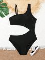 Girls' Large Size Solid Color Hollow Out One-piece Swimsuit