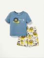 Cozy Cub Baby Boy Cartoon Animal Pattern Round Neck Short Sleeve Top And Casual Shorts Homewear Set