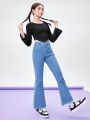 Teen Girls' Casual Comfortable Basic Flared Sleeved Top And Hem Flared Jeans