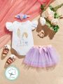 SHEIN Baby Girls' Casual, Elegant, Romantic, Gorgeous, Cute & Fun Easter Pattern Printed Top And Tulle Skirt With Headband Easter Outfit For Spring And Summer
