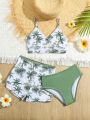 Young Girls' Swimsuit Coconut Tree Printed Two Piece Swimsuit Set