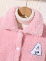 Tween Girl Letter Patched Striped Trim Drop Shoulder Teddy Jacket Without Sweater
