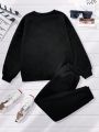 Teen Girls' Casual Letter Pattern Simple Long Sleeve Long Pants 2pcs/Set, Suitable For Autumn And Winter