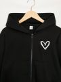 SHEIN Teen Girls' Knitted Solid Color Heart Detail Hoodie With Kangaroo Pocket And Zipper Front