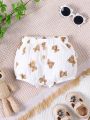 Summer Woven Cute And Fun Bear Pattern Printed Lantern Shorts For Baby Girls