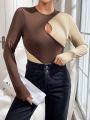 SHEIN Essnce Women's Color Block Round Neck Hollow Out Bodysuit