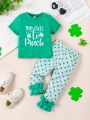 St. Patrick's Day Baby Girl Four-Leaf Clover Print Slogan Green Short Sleeve Striped Top And Ruffled Hem Pants Outfit