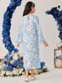 SHEIN Kids Nujoom Pre-Tween Girls' Flower Print Fuzzy Cuff Notched Neckline Long Dress