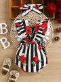 Baby Girl Striped Bodysuit With Rose Floral Design, Romantic Style