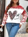 SHEIN LUNE Plus Size Leopard Print & Heart Patterned Round Neck Casual Sweatshirt