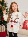 SHEIN Girls 1pc Christmas Elk Embroidery Drop Shoulder Teddy Pullover