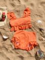 Ruffled Ribbed Knit Bikini Swimsuit Set