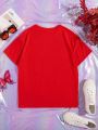 Teen Girls' Heart Slogan Printed Short Sleeve T-Shirt